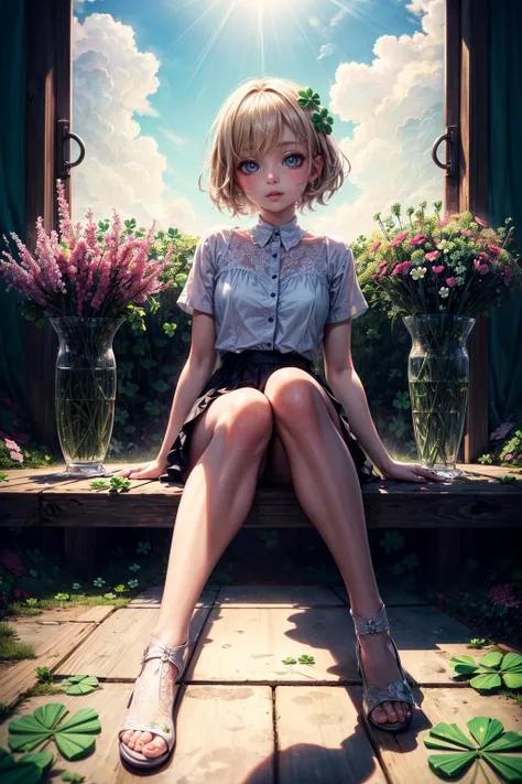 masterpiece,  best quality,  (ultra-detailed,  8k,  uhd),  (kawaii background:1.3),  (extremely detailed,  fine touch:1.3),  (hard light,  studio light,  light rays,  dappled light,  reflection,  shadows,  ray tracing:1.0),  pov,  girl,  white blonde short hair,  full body,  sky,  cloud,  flower,  glass shoes,  (clover,  flowers:1.3),  (sitting,  legs apart:1.3), <lora:EMS-179-EMS:0.600000>