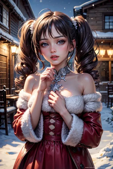 (best quality,  photorealistic,  masterpiece:1.3),  girl,  off shoulder,  skirt,  glossy lips,  pure innocence,  sweet and adorable,  blush,  cold,  long hair,  curly hair,  twintails,  fluffy snow,  snowflakes,  snowing,  stalagtites,  red flowers,  high detailed skin,  skin pores,  8k uhd,  dslr,  soft lighting,  high quality,  film grain,  Fujifilm XT3,  more details,  detailed background,  
, <lora:EMS-64461-EMS:2.000000>