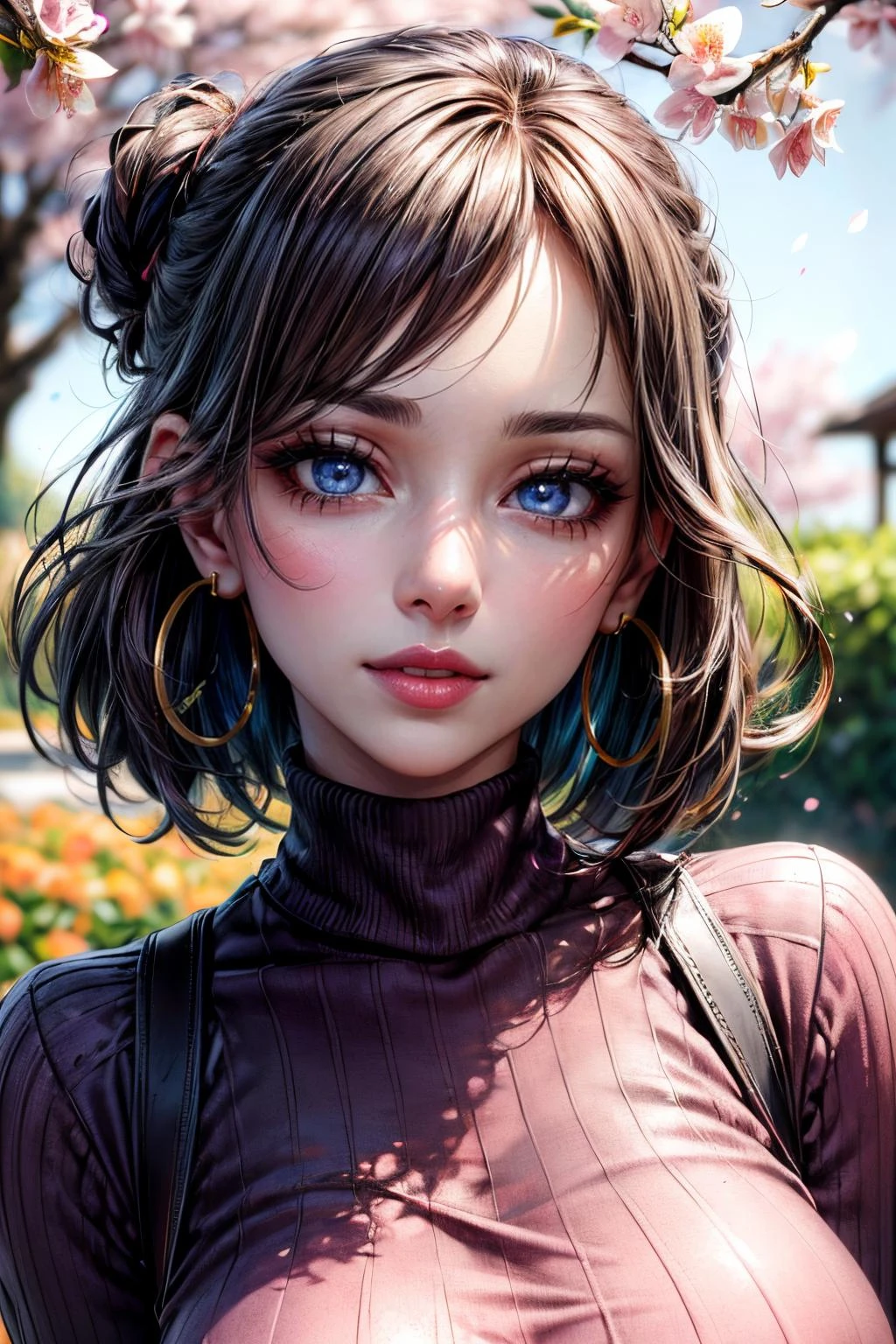 (masterpiece, best quality:1.4), (extremely detailed, 8k, uhd), cinematic shot, natural lighting, ultra highres, vibrant rich colors, (beautiful, aesthetic, perfect, delicate, intricate:1.2), (sharp focus, from front:1.3), cowboy shot, eye level shot, 1girl, portrait of a european woman, 35 years old, brown hair, beautiful high messy bun, (extremely hot, attractive, beautiful, sexy, romantic, lovable, feminine:1.2), calm, happy, kind, expressive eyes, long eyelashes, relaxed, (smiling:1.2), (beautiful detailed face, highly detailed skin, blue eyes, looking at viewer:1.3), gorgeous, breathtaking beauty, seductive, captivating, pale skin, perfect female figure, (slim:0.5), (wearing a dark purple turtleneck sweater:1.2), (highly saturated lipstick, purple pink lips, luscious thick lips, golden hoop earrings), beautiful lush garden, sakura blossom, flowing petals, intricate details, (depth of field, bokeh), daytime, award winning photography, detailed background, volumetric fx, photorealism, hyper-detailed,
, <lora:EMS-179-EMS:0.700000>