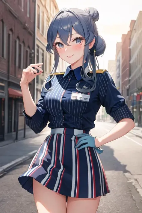 best quality, masterpiece, highres, solo, {gotland_kantaicollection:1.15}, blue_hair, long_hair, mole, mole_under_eye, blue_eyes, hair_between_eyes, smile, hair_bun, blush, , single_hair_bun, 1girl, employee_uniform, shirt, striped, striped_shirt, uniform, vertical-striped_shirt, vertical_stripes, blue_shirt, long_sleeves, heart, looking_at_viewer, collared_shirt, name_tag, skirt