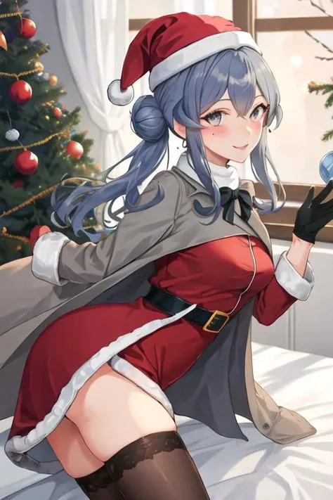 best quality, masterpiece, highres, solo, {gotland_kantaicollection:1.15}, blue_hair, long_hair, mole, mole_under_eye, blue_eyes, hair_between_eyes, smile, hair_bun, blush, , single_hair_bun, 1girl, hat, long_sleeves, santa_costume, santa_hat, gloves, grey_coat, grey_gloves, sheep, looking_at_viewer, coat, thighhighs, red_headwear