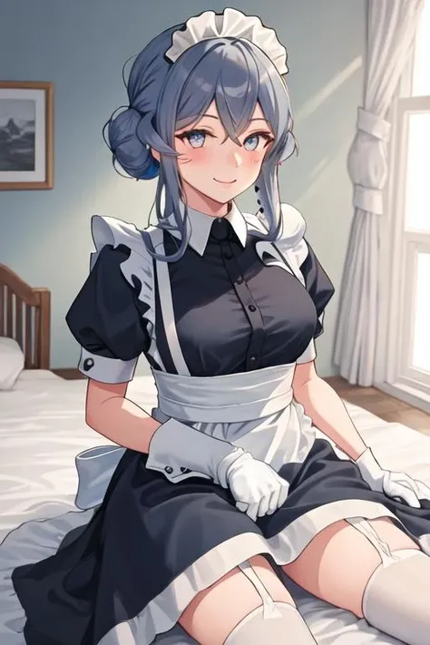 best quality, masterpiece, highres, solo, {maid:1.40}, {long maid dress:1.15}, {gotland_kantaicollection:1.15}, blue_hair, long_hair, mole, mole_under_eye, blue_eyes, hair_between_eyes, smile, hair_bun, blush, breasts, single_hair_bun