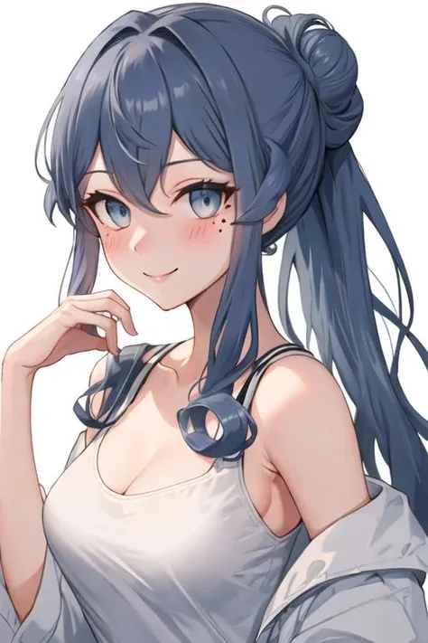 best quality, masterpiece, highres, solo, {gotland_kantaicollection:1.15}, blue_hair, long_hair, mole, mole_under_eye, blue_eyes, hair_between_eyes, smile, hair_bun, blush, breasts, single_hair_bun, 1girl, looking_at_viewer, ponytail, shirt, sidelocks, simple_background, alternate_costume, white_background, black_shirt, upper_body