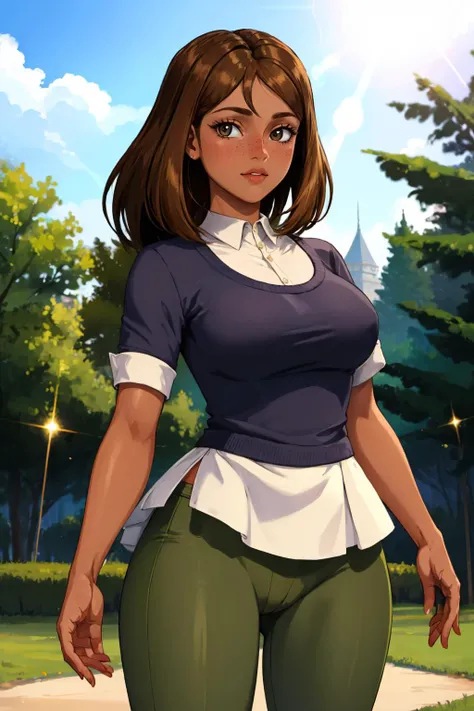 masterpiece, best quality, 1girl, solo, looking at viewer, breasts, outdoors, lens flare, depth of field, light particles, <lora:courtneytd:1> courtneytd, freckles, dark skin, pants, shirt