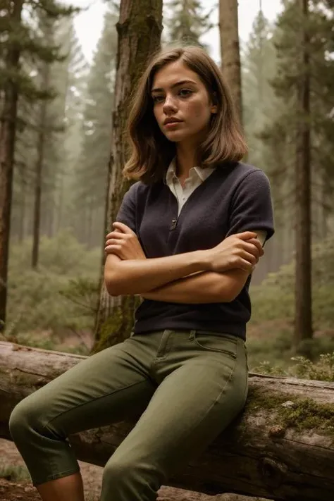 Best quality, best anatomy, 4k, 1 girl, hands in pockets, green pants, dark skin, brown hair, brown eyes, freckles, sitting upright, sad face, forest landscape,  <lora:courtney_(total_drama):1>,