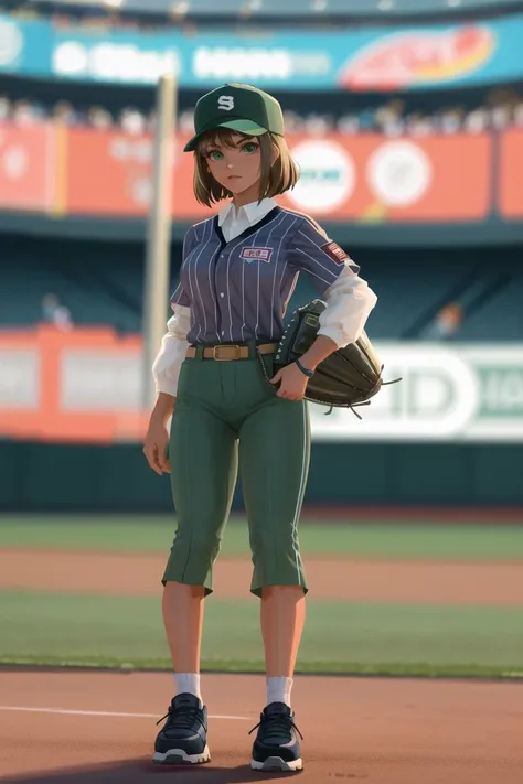 <lora:courtney_(total_drama):.6>, courtney (total drama), 1girl, :t, ball, baseball, baseball mitt, baseball stadium, baseball uniform, belt, breasts, blurry, blurry background, full body, hat, holding, holding ball, layered sleeves, long sleeves, motion blur, outdoors, pants, peaked cap, pinstripe pattern, pitcher's mound, pitching, short hair, short over long sleeves, short sleeves, solo, sportswear, striped, mature female, green pants