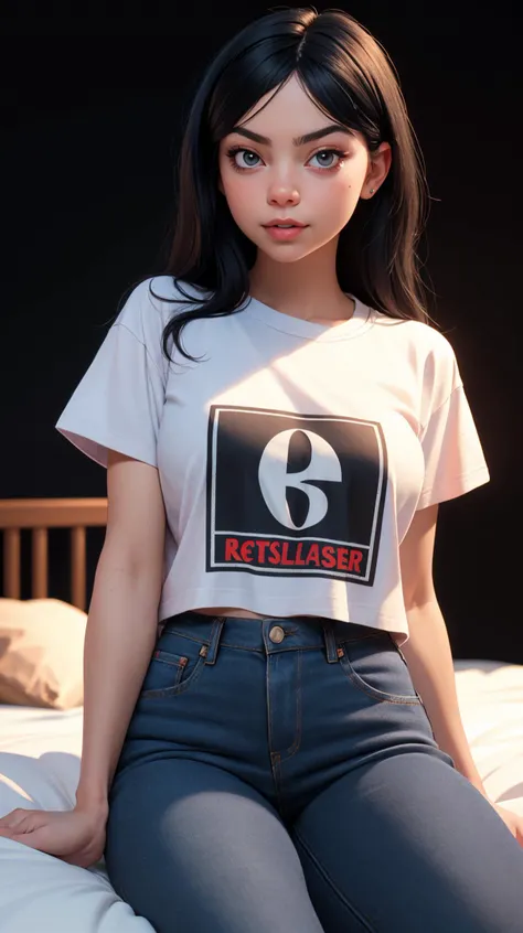 DEN_empathy_SG:1.2 wearing a ((oversized t-shirt:1.2)), ((rocker t-shirt, logo on t-shirt)), ((black hair, long hair)), hyper realistic, 4k, medium breasts, masterpiece, beautiful, facing the viewer, headshot, denim pants, ((nasolabial folds)), DSLR RAW PHOTO, 8K, POV, canon 5d, 85mm, ((bedroom, early morning, sitting on a bed, dim lights, black background)), smirk, sexy pose, AS-Adult, (RAW photo:1.2), (photorealistic:1.4), (masterpiece:1.4), (best quality:1.4), ultra high res, ((detailed facial features)), HDR, 8k resolution, upper body, \(nikke\), (masterpiece:1.4), (best quality:1.4), (shiny skin), <lora:p3r3zstyle:0.3>