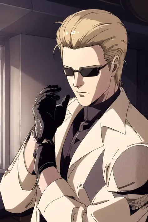 (Albert Wesker:1.4), upper body, highly detailed, highres, extremely detailed, detailed background, perfect eyes, perfect face, high quality, detailed face, anime, best quality, masterpiece, 4k, 8k, absurd resolution, cinematic lights, intricate detail, detailed hands, detailed eyes, animation, illustration, back combed hair, (blonde hair:1.4), combed back, hair back, short hair, comb back hair, (1man), back comb haircut, mature male, looking at viewer, shades, sunglasses, 1boy, black shirt, high definition, sharp focus, <lora:neg4all_bdsqlsz_V3.5:1>, OverallDetail, deep shadow, dimly lit, shade, animification, <lora:dreamlookai_lora_db_bb89d853_ckp_9966b693_step_3000_Wesker:0.7> wesker, <lora:Hiroyuki Kitazume:0.4>, <lora:beard_slider_v10:-3>, <lora:gender_slider_v1:-4>, slick back hair, <lora:AlbertWeskerRE:0.5> AlbertWeskerRE, <lora:neg_bdsqlsz_V2:1>, <lora:hyperdenoiser_v090:0.6>, <lora:hyperrefiner_v090:0.6>, <lora:REAlbertWesker:0.5> REAlbertWesker, <lora:LabCoat-000007:1> (lab coat), (open lab coat), (white lab coat), laboratory, (culture tank), <lora:Saya-adjusting gloves:1> adjusting gloves, black gloves