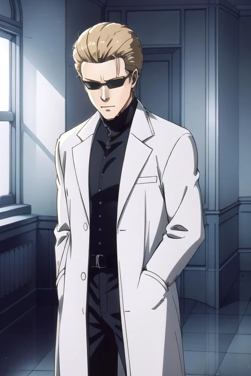 (Albert Wesker:1.4), upper body, highly detailed, highres, extremely detailed, detailed background, perfect eyes, perfect face, high quality, detailed face, anime, best quality, masterpiece, 4k, 8k, absurd resolution, cinematic lights, intricate detail, detailed hands, detailed eyes, animation, illustration, back combed hair, (blonde hair:1.4), combed back, hair back, short hair, comb back hair, (1man), back comb haircut, mature male, looking at viewer, shades, sunglasses, 1boy, black shirt, high definition, sharp focus, <lora:neg4all_bdsqlsz_V3.5:1>, OverallDetail, deep shadow, dimly lit, shade, animification, <lora:dreamlookai_lora_db_bb89d853_ckp_9966b693_step_3000_Wesker:0.7> wesker, <lora:Hiroyuki Kitazume:0.4>, edgQuality, Illust-InstaFilter, <lora:beard_slider_v10:-3>, <lora:gender_slider_v1:-4>, Best_QualityPos, Earth-QualityPos, BodyPositive, slick back hair, <lora:AlbertWeskerRE:0.5> AlbertWeskerRE, <lora:neg_bdsqlsz_V2:1>, <lora:hyperdenoiser_v090:0.6>, <lora:hyperrefiner_v090:0.6>, <lora:REAlbertWesker:0.7> REAlbertWesker, (full body), <lora:LabCoat-000007:1> (lab coat), (open lab coat), (white lab coat)