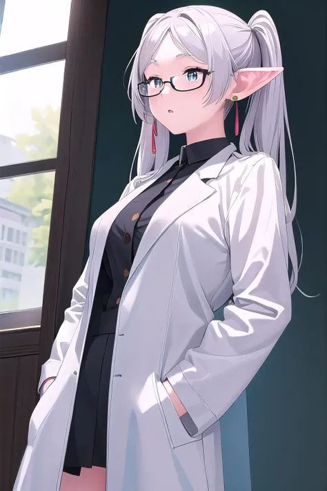 masterpiece, best quality, ultra-high-detailed, 1girl, lab coat, hands in pockets, glasses, Frieren, twintails, earrings