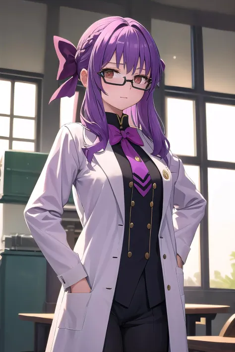 1goat girl, goat ears, yellow horns, purple hair, two long braids, perfect eyes, green eyes, glasses, serene face, black necklace, black skirt, lab coat, purple skirt, long black stockings, purple shoes, book in the hand, big breasts, big ass, laboratory background