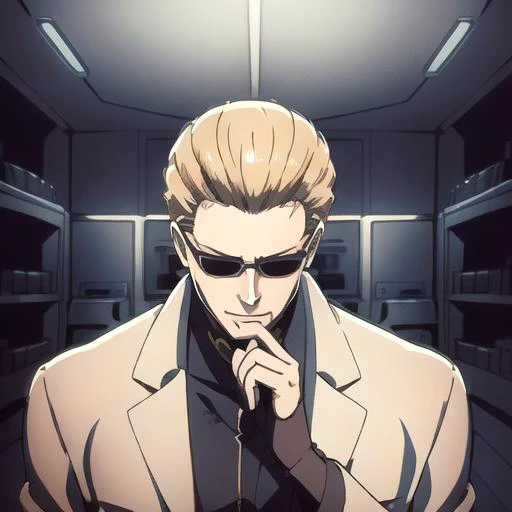 (Albert Wesker:1.4), upper body, highly detailed, highres, extremely detailed, detailed background, perfect eyes, perfect face, high quality, detailed face, anime, best quality, masterpiece, 4k, 8k, absurd resolution, cinematic lights, intricate detail, detailed hands, detailed eyes, animation, illustration, back combed hair, (blonde hair:1.4), combed back, hair back, short hair, comb back hair, (1man), back comb haircut, mature male, looking at viewer, shades, sunglasses, 1boy, black shirt, high definition, sharp focus, <lora:neg4all_bdsqlsz_V3.5:1>, OverallDetail, deep shadow, dimly lit, shade, animification, <lora:dreamlookai_lora_db_bb89d853_ckp_9966b693_step_3000_Wesker:0.7> wesker, <lora:Hiroyuki Kitazume:0.4>, edgQuality, Illust-InstaFilter, <lora:beard_slider_v10:-3>, <lora:gender_slider_v1:-4>, Best_QualityPos, Earth-QualityPos, BodyPositive, slick back hair, <lora:AlbertWeskerRE:0.5> AlbertWeskerRE, <lora:neg_bdsqlsz_V2:1>, <lora:hyperdenoiser_v090:0.6>, <lora:hyperrefiner_v090:0.6>, <lora:REAlbertWesker:0.7> REAlbertWesker, <lora:LabCoat-000007:1> (lab coat), (open lab coat), (white lab coat), laboratory, (culture tank), (adjusting glasses on nose), smirking, (finger on glasses bridge)