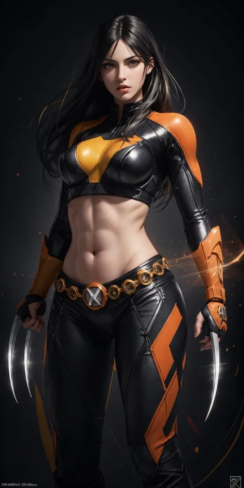 (artwork:1.2),(lineart:1.33), (hyperdefined),(inked-art), photo of a beautiful (laura_kinney), (claws), midriff, navel, pants, (abs:0.7), (medium shot), cowboy shot, masterpiece, best quality, superhero costume, wolverine, complex lighting,ultradetailed,(fine-details:1.2),absurdres,(atmosphere), (flat saturated bright colors), yellow, red, orange tones, <lora:laura_kinney_sd15_2500:0.75>