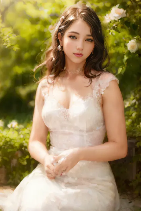 (Photorealistic:1.4), ((ultra realistic)), 8k, masterpiece, ((ultra detailed)),  natural skin texture, 4k textures, cinematic look, intricate,
A beautiful young woman sitting in a rose garden, 
perfect detailed face, beautiful eyes, harsh sunlight, 
freckle on the face, 
<lora:Lovely_face_eyes_1:0.3>,
 <lora:floral_prom_dress07:1>