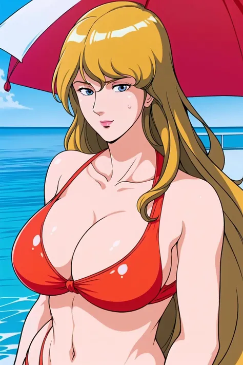 Simple White Background,
Red bikini top,Red bikini bottom,collarbone, cleavage, bare shoulders, navel,
<lora:Angel_Heart_CityHunter-KK77-V1:0.7>,bracelet,
blonde hair, very long hair, blue eyes, Bangs,
<lora:Oda_Non_Style-KK77-V2:0.3>,<lora:more_details:0.1>,
1 girl, 20yo,Young female,Beautiful Finger,Beautiful long legs,Beautiful body,
Beautiful Nose,Beautiful character design, perfect eyes, perfect face,expressive eyes,perfect balance,
looking at viewer,(Focus on her face),closed mouth, (innocent_big_eyes:1.0),(Light_Smile:0.3),
official art,extremely detailed CG unity 8k wallpaper, perfect lighting,Colorful, Bright_Front_face_Lighting,White skin,
(masterpiece:1.0),(best_quality:1.0), ultra high res,4K,ultra-detailed,
photography, 8K, HDR, highres, absurdres:1.2, Kodak portra 400, film grain, blurry background, bokeh:1.2, lens flare, (vibrant_color:1.2),professional photograph,
(Beautiful,huge_Breasts:1.4), (beautiful_face:1.5),(narrow_waist),