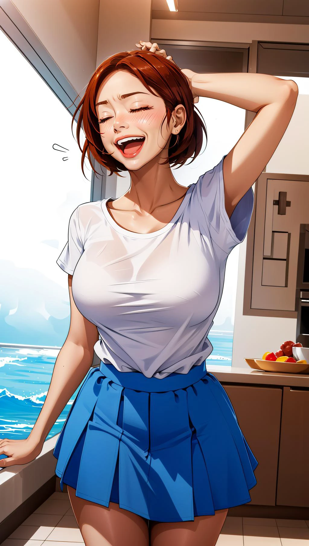masterpiece, best quality, 1girl, <lora:skin_tone_slider_v1:0.8> <lora:curly_hair_slider_v1:0.8> <lora:breastsizeslideroffset:0.5> <lora:hair_length_slider_v1:-3.2> <lora:Gang Cheol Wang:0.7>, standing, head tilt, loose shirt, closed mouth, happy, closed eyes, laughing,