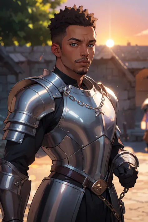 face portrait of an (african man:1.2), (medieval full armor:1.2), shiny metal reflections, upper body, outdoors, intense sunlight, far away castle, professional photograph of a stunning man detailed, sharp focus, dramatic, award winning, cinematic lighting, volumetrics dtx, (film grain, blurry background, blurry foreground, bokeh, depth of field, sunset, motion blur:1.3), chainmail, best quality, masterpiece, extremely detailed, intricate details, detailed background