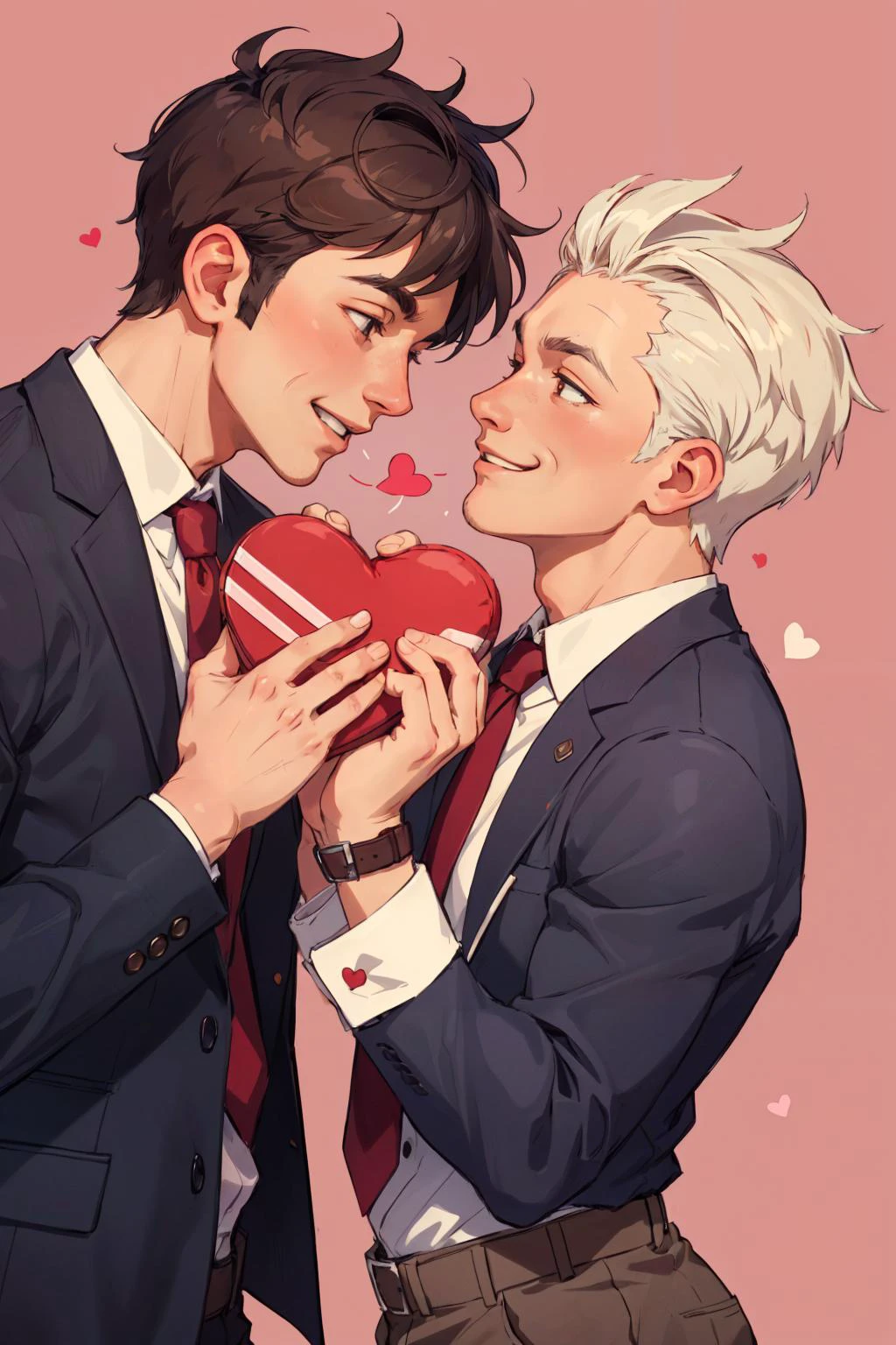 2boys, aged up males, gay couple, love is in the air, hearts, happy expression, valentines day, best quality, masterpiece, extremely detailed, intricate details, detailed background