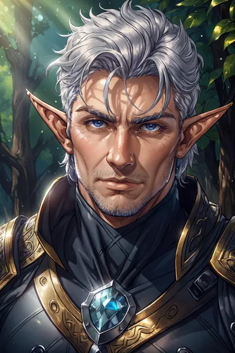 realistic, masterpiece, intricate details, detailed background, depth of field, cinematic, bara, muscular, manly, photo of a handsome male elf, lotr, fantasy, silver hair, looking at viewer, detailed skin, High detail RAW color art, piercing, diffused soft lighting, shallow depth of field, sharp focus, cinematic lighting, (pointed ears), close up of face, wearing intricate medieval armor, metal reflections, sunlight, outdoors, stubble, (extreme close up:1.5),