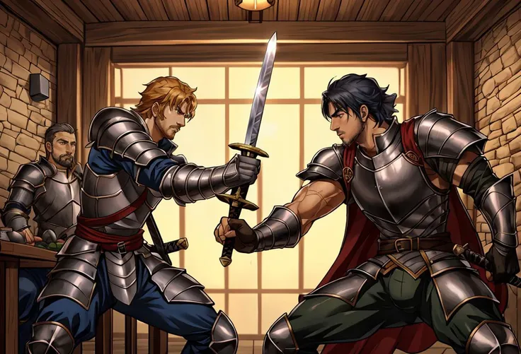 dynamic angle,combat (2boy Knights' swordfight in the tavern.),