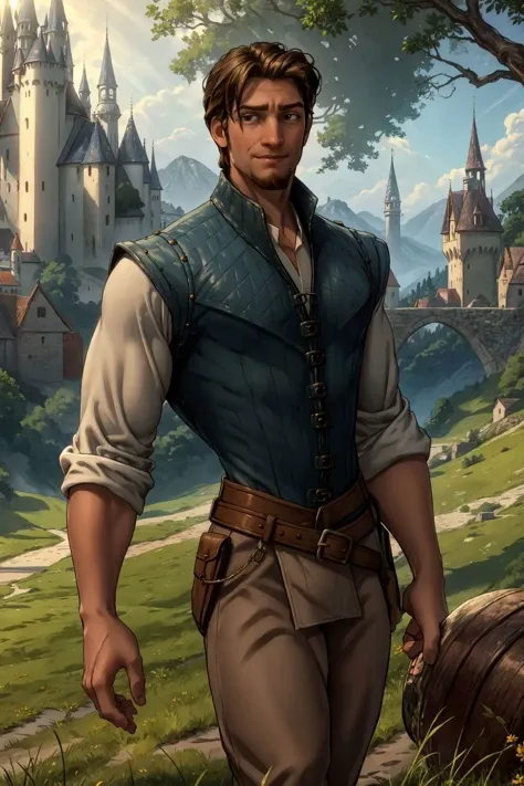 (slim), Flynn, white pale skin, brown hair, brown eyes, goatee, white shirt, vest, brown pants, sleeves rolled up, (day), sunlight, smirk, outdoors, grass, tree, castle behind, looking at viewer, tired eyes, village landscape, (best quality), (masterpiece), (highly detailed), cinematic, (detailed background), depth of field, intricate details, 8k, photo of a handsome man  <lora:FlynnRider:0.7>