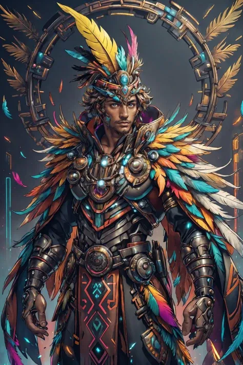 azt3ch, photo of a south american man wearing (royal outfit), science fiction, neon light, mechanical, feathers, dynamic pose, fantasy aztec background, robe, emperor, feather headwear, looking at viewer, best quality, masterpiece, detailed background, depth of field, intricate details