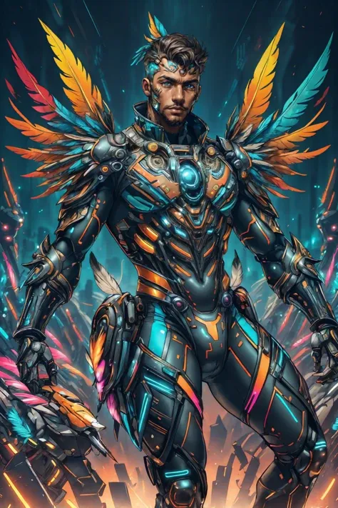 azt3ch, photo of a south american man wearing bodysuit, science fiction, neon light, mechanical, feathers, dynamic pose, fantasy aztec city background, nature, looking at viewer, best quality, masterpiece, detailed background, depth of field, intricate details