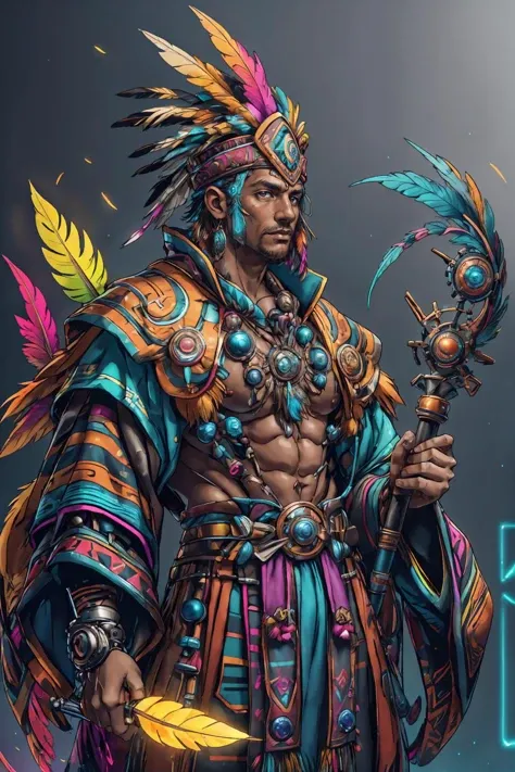 azt3ch, photo of a south american man wearing wizard robe, science fiction, neon light, mechanical, feathers, dynamic pose, fantasy aztec background, holding staff, headwear, shaman hut, looking at viewer, best quality, masterpiece, detailed background, depth of field, intricate details