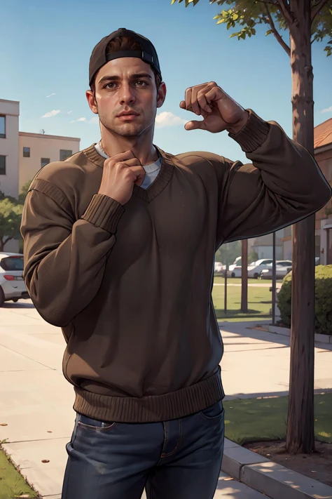masterpiece, best quality, highres, male focus, solo, medium shot, photo of jacob_custos, <lora:jacob_custos-10:0.50>, sweater, shirt, jeans, outdoors, brown eyes, backwards cap