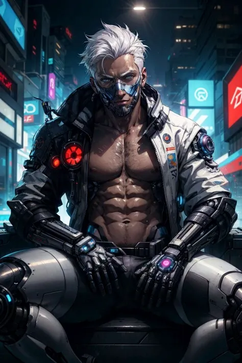 closeup face focus, ultra realistic futuristic cyberpunk muscular male with white hair sitting, cyberpunk face (cyber eyes), cool cybernetic punk jacket, mechanical intricate mask, natural lighting, bokeh, futuristic cityscape background, best quality, masterpiece, extremely detailed, intricate details