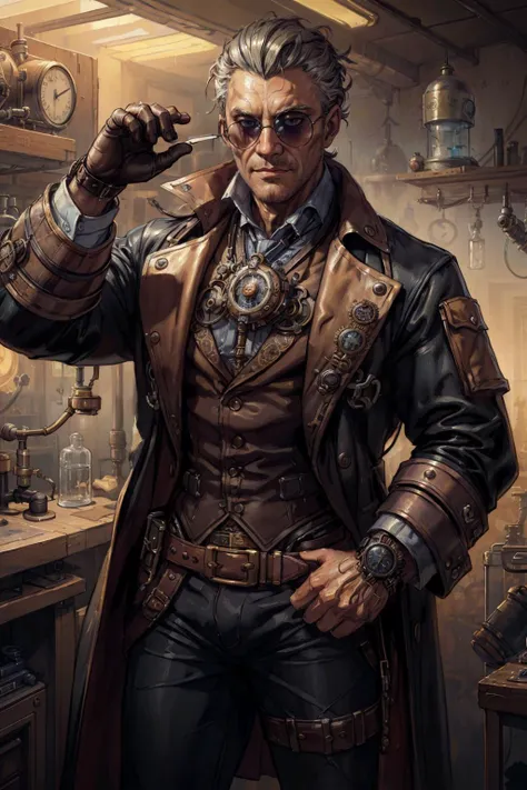 An old evil scientist man wearing steampunk sunglasses in a dark steampunk science lab, muscular, masterpiece, intricate details, (surreal), ((oil painting \(medium\))), fantasy art, concept art, by greg rutkowski