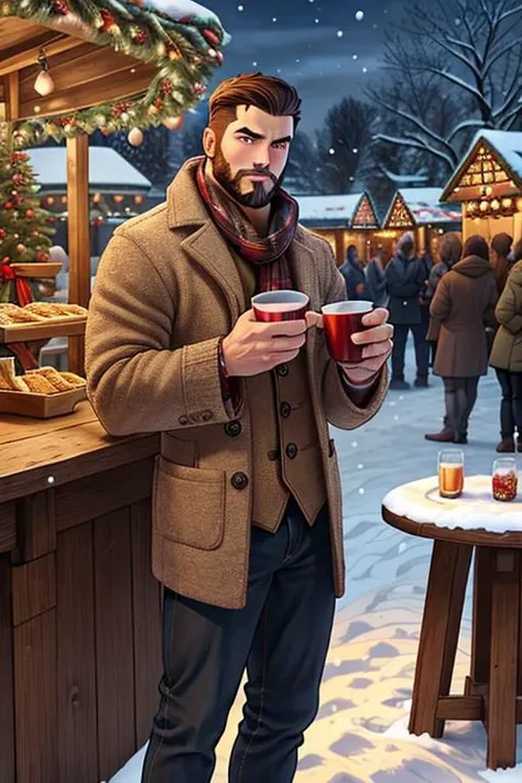 25 year old handsome man, manly, muscular, brown short hair, short stubble beard, holding 2 cups of hot wine, standing next to small round wood table, Christmas market, winter, snow, cold, looking thoughtful to the camera, awaiting someone