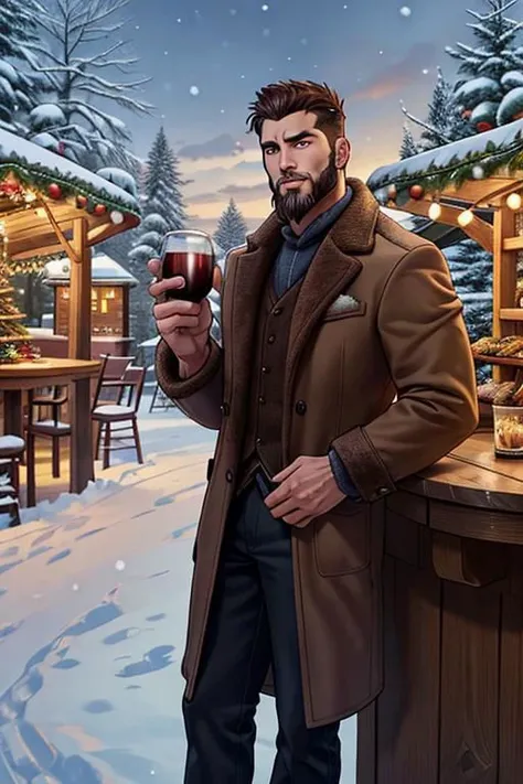25 year old handsome man, manly, muscular, brown short hair, short stubble beard, holding 2 cups of hot wine, standing next to small round wood table, Christmas market, winter, snow, cold, looking thoughtful to the camera, awaiting someone