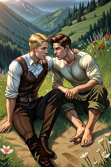 A perfect gay couple of lovers, 2boys, first man dark brown short hair and second man blond hair, dark brown eyes, sitting on the ground, romance fantasy movie, flowers, in the hillside
film grain, photorealsitic, soft light, exposure blend, medium shot, realistic illustration,