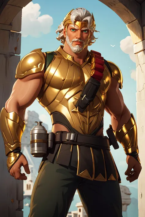 zeusfortniteV1, 1boy , mature male, looking at viewer, white skin, white hair, green eyes, beard, mustache, male focus, facial hair, muscle, <lora:zeusfortnite-09:0.5>, golden armor, shotgun shell bandolier, grecia, sunlight,, masterpiece, 4k, high quality, highres, absurdres,