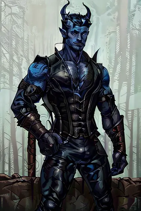 Male tiefling druid, blue skin, long black hair, black horns, black beard, leather, fur, viking, bare hairy chest, corset vest