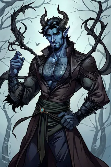 Sexy male tiefling druid with blue skin, black hair, black horns, hairy chest