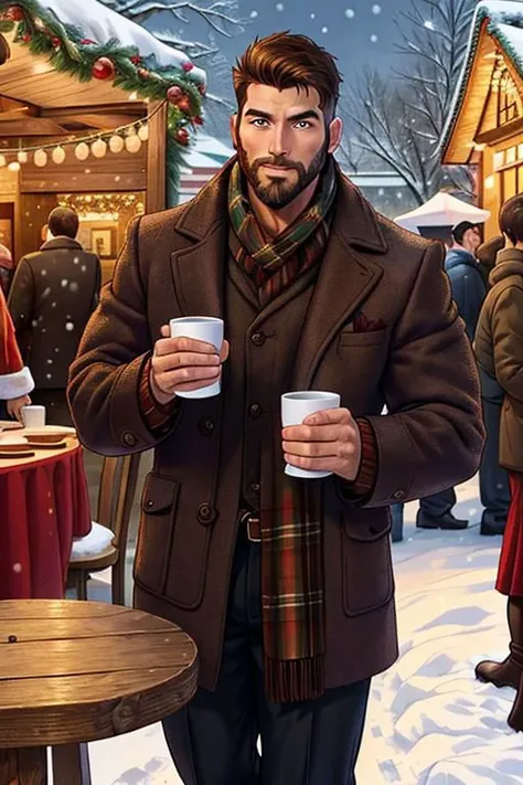 30 year old handsome man, manly, muscular, brown stubble hair, medium stubble beard, holding 2 cups of hot wine, standing next to small round wood table, Christmas market, winter, snow, cold, looking thoughtful to the viewer, waiting