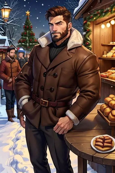 30 year old handsome man, manly, muscular, brown stubble hair, medium stubble beard, holding 2 cups of hot wine, standing next to small round wood table, Christmas market, winter, snow, cold, looking thoughtful to the viewer, waiting