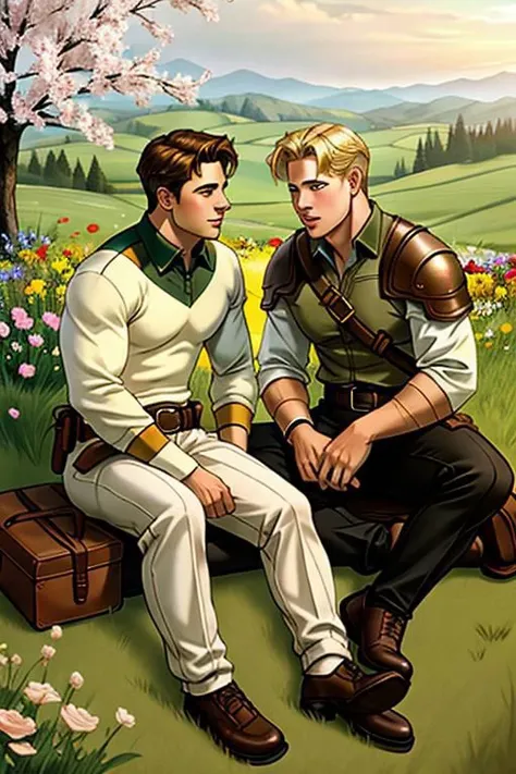 A perfect gay couple of lovers, 2boys, first man dark brown short hair and second man blond hair, dark brown eyes, sitting on the ground, romance fantasy movie, flowers, in the hillside
film grain, photorealsitic, soft light, exposure blend, medium shot, realistic illustration,