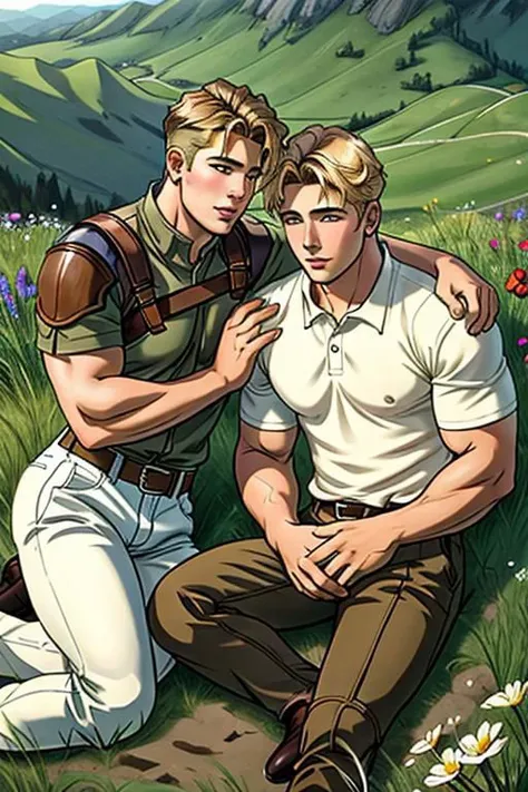 A perfect gay couple of lovers, 2boys, first man dark brown short hair and second man blond hair, dark brown eyes, sitting on the ground, romance fantasy movie, flowers, in the hillside
film grain, photorealsitic, soft light, exposure blend, medium shot, realistic illustration,