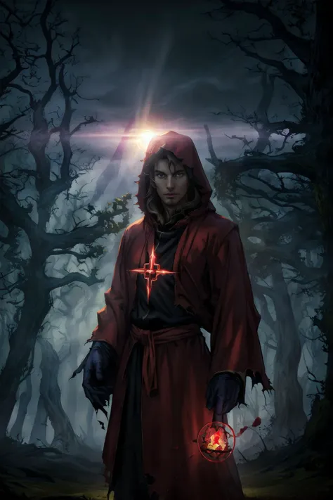 Disney animation, masterpiece, perfect face, expressive eyes, 1elf, handsome, male, red priest robes, hood, torn clothes, spellcasting pose, red magic, sunlight, cowboy shot, darkpriest, backroom, liminal space, outside, fog,, tree,, shadow, night, fantasy, cozy atmosphere, dynamic pose, red magic wind,
<lora:Clothing - Dark Priest:0.6>, <lora:D1s-Backroom:0.8>