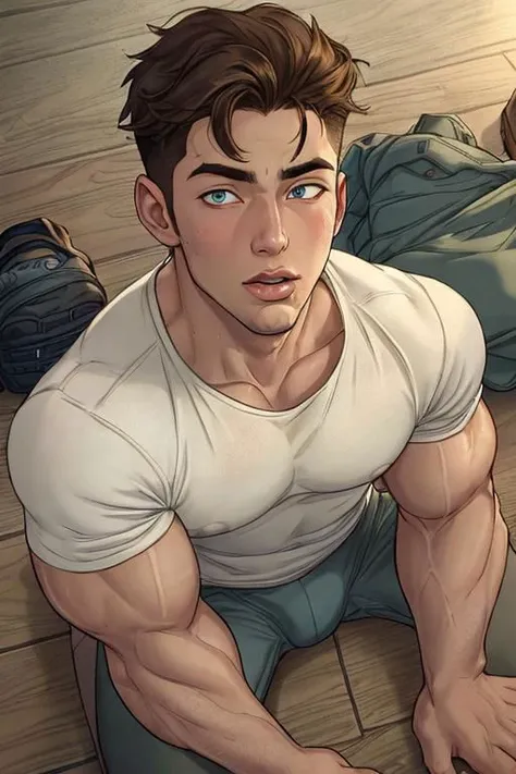 loving man hiking, gorgeous mountain scenery, 21 years old, stunningly beautiful, no shirt, sweaty, seductive, mens underwear, looking up to camera, view from above, closeup, upper body view, kneeling on the floor, cum, mouth open, glowing eyes, vpl