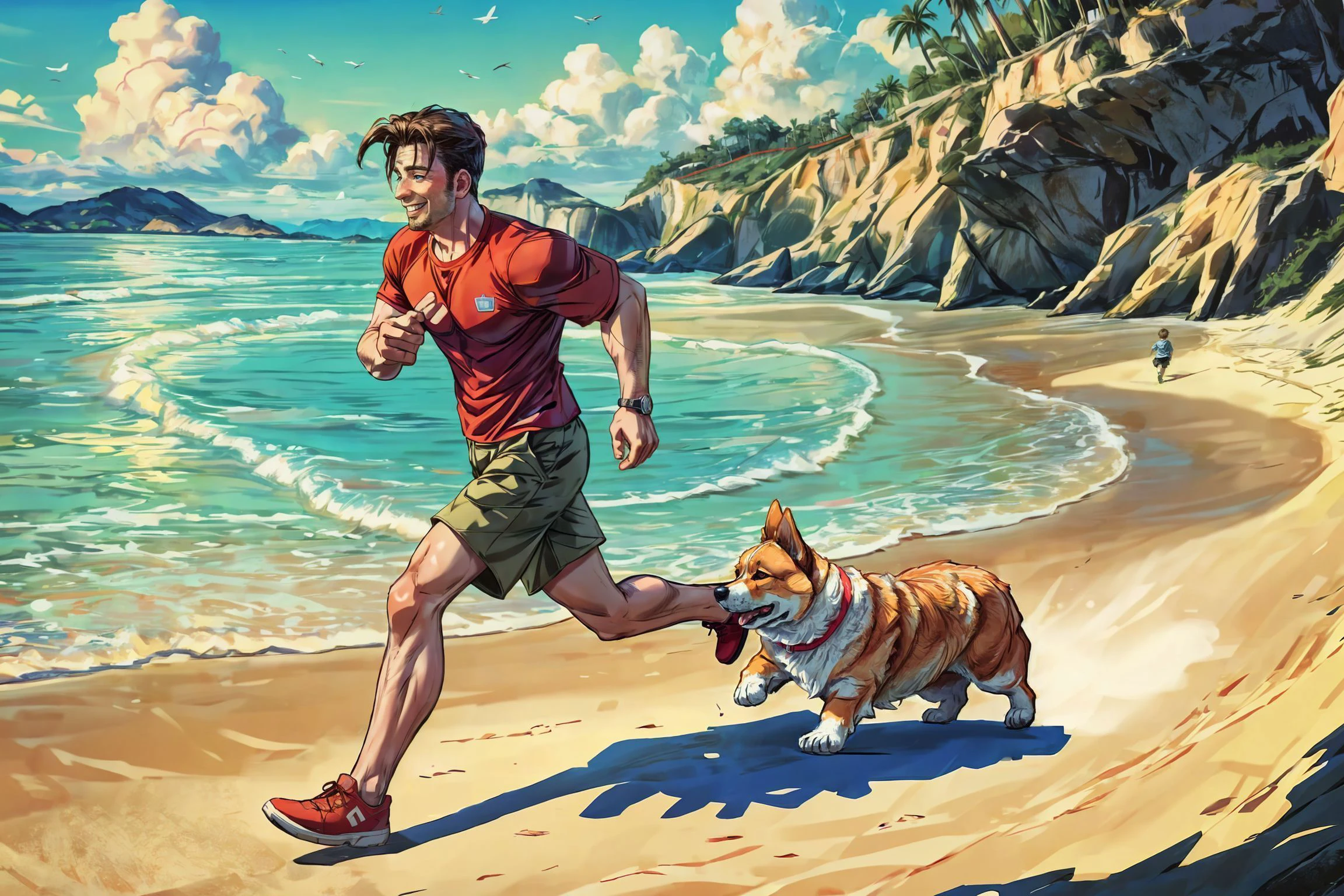 medium full shot, chrisevans person playing with his pet on the beach, corgi style by snatti, PIXIV, running, energetic, adventurous, happy, (beach ball:0.75), wearing khaki shorts, warm colors,
(masterpiece), best quality, (absurdres), deep focus, intricate details, 8k, HDR, detailed background,
<lora:corgi style by_20231101164707:0.6> <lora:chrisevans_30760:1> <lora:add_detail:0.3>