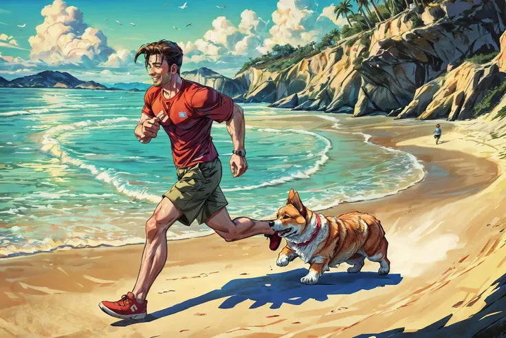 medium full shot, chrisevans person playing with his pet on the beach, corgi style by snatti, PIXIV, running, energetic, adventurous, happy, (beach ball:0.75), wearing khaki shorts, warm colors,
(masterpiece), best quality, (absurdres), deep focus, intricate details, 8k, HDR, detailed background,
<lora:corgi style by_20231101164707:0.6> <lora:chrisevans_30760:1> <lora:add_detail:0.3>
