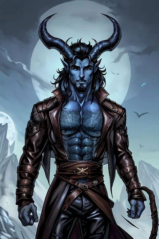 Sexy male tiefling druid with blue skin, black hair, black horns, hairy chest, leather