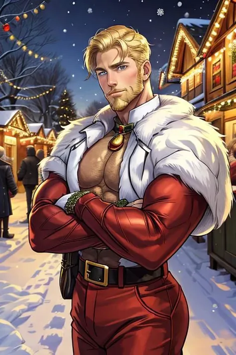 25 year old handsome man, manly, muscular, visible abs, blonde short hair, short stubble beard, Santa s helper, Christmas market, winter, snow, cold, looking thoughtful to the camera, awaiting someone