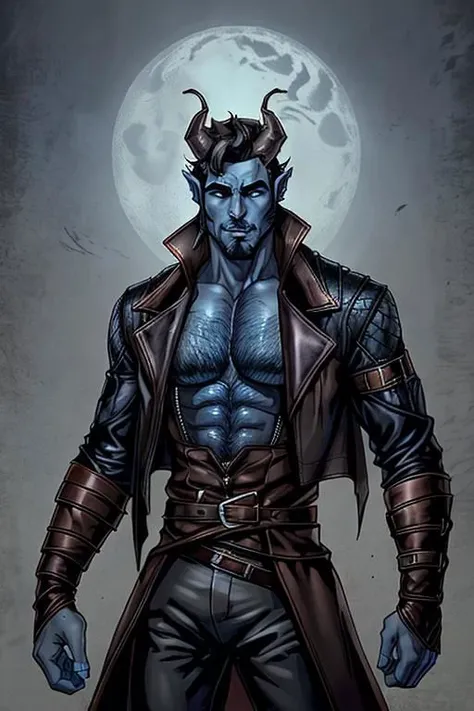 Sexy male tiefling druid with blue skin, black hair, black horns, hairy chest, leather