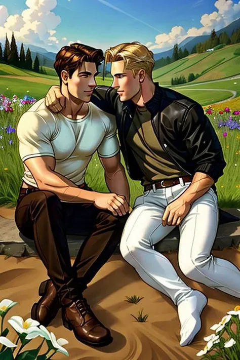 A perfect gay couple of lovers, 2boys, first man dark brown short hair and second man blond hair, dark brown eyes, sitting on the ground, romance fantasy movie, flowers, in the hillside
film grain, photorealsitic, soft light, exposure blend, medium shot, realistic illustration,