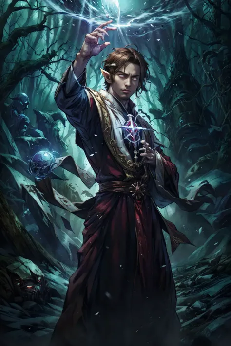 Disney animation, masterpiece, perfect face, expressive eyes, 1elf, handsome, male, dark brown hair, short hair, maroon priest robes, pectoral focus, magic, cryokinesis, dynamic pose, casting spell, cowboy shot, darkpriest, eyes open, glowing eyes, determined expression, backroom, liminal space, outside, foreboding forest, (fog:0.8), shadow, night, fantasy, eerie atmosphere,
<lora:Clothing - Dark Priest:0.6>, <lora:D1s-Backroom:0.8>, <lora:Concept - Cryomancer:0.4>